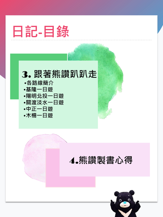 跟著熊讚趴趴走
熊讚製書心得 跟著熊讚趴趴走
熊讚製書心得