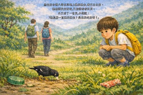 小文和爸爸媽媽從河濱出發，準備往山裡走。 河水慢慢流著，草地在陽光下搖晃。 小文背