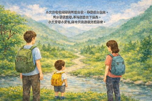 小文和爸爸媽媽從河濱出發，準備往山裡走。 河水慢慢流著，草地在陽光下搖晃。 小文背