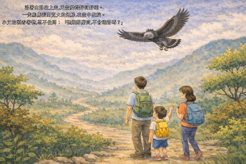 小文和爸爸媽媽從河濱出發，準備往山裡走。 河水慢慢流著，草地在陽光下搖晃。 小文背