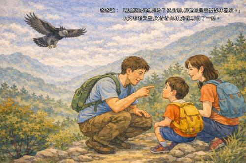 小文和爸爸媽媽從河濱出發，準備往山裡走。 河水慢慢流著，草地在陽光下搖晃。 小文背