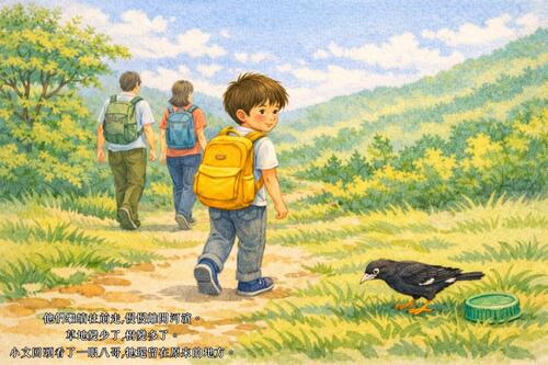 小文和爸爸媽媽從河濱出發,準備往山裡走。 河水慢慢流著,草地在陽光下搖晃。 小文背 小文和爸爸媽媽從河濱出發,準備往山裡走。 河水慢慢流著,草地在陽光下搖晃。 小文背